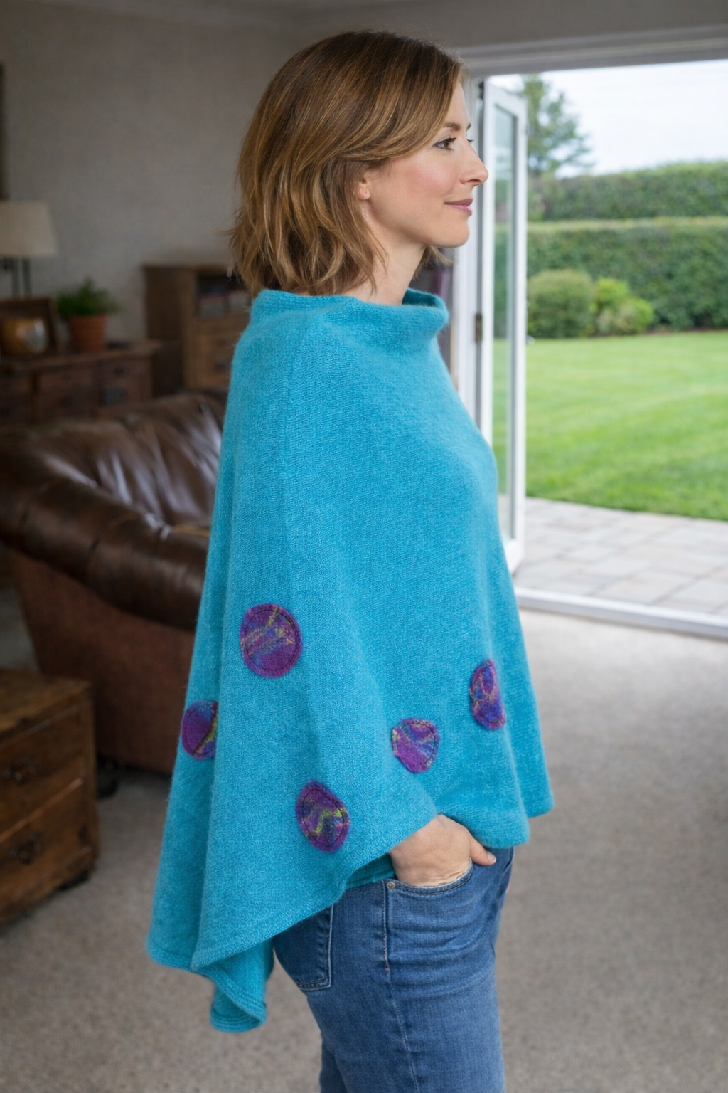 Turquoise Merino Wool Poncho-Hand Felted Detail-One of a kind