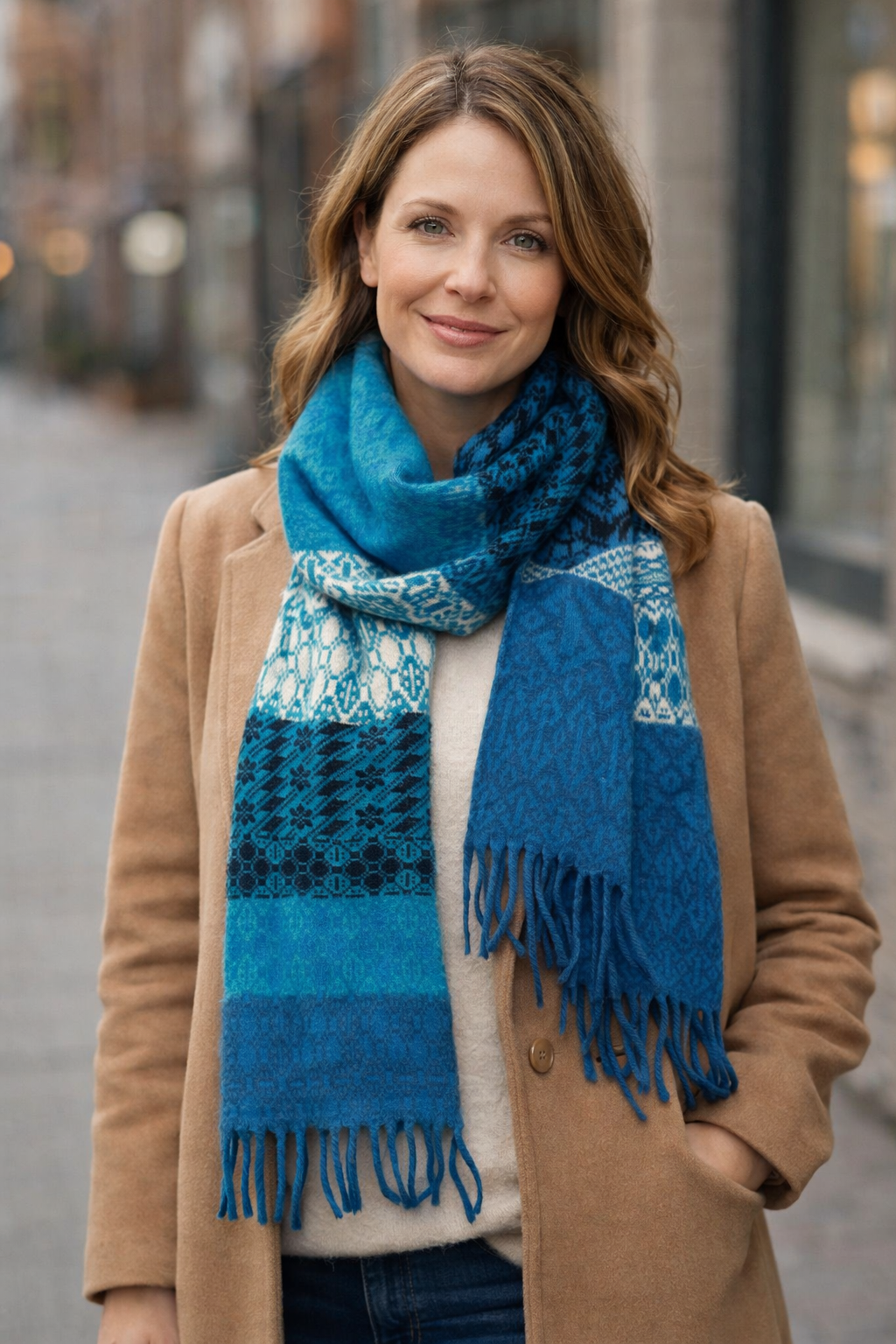 Merino Wool Wrap – Fair Isle Colourblock in Blues with Fringed Ends