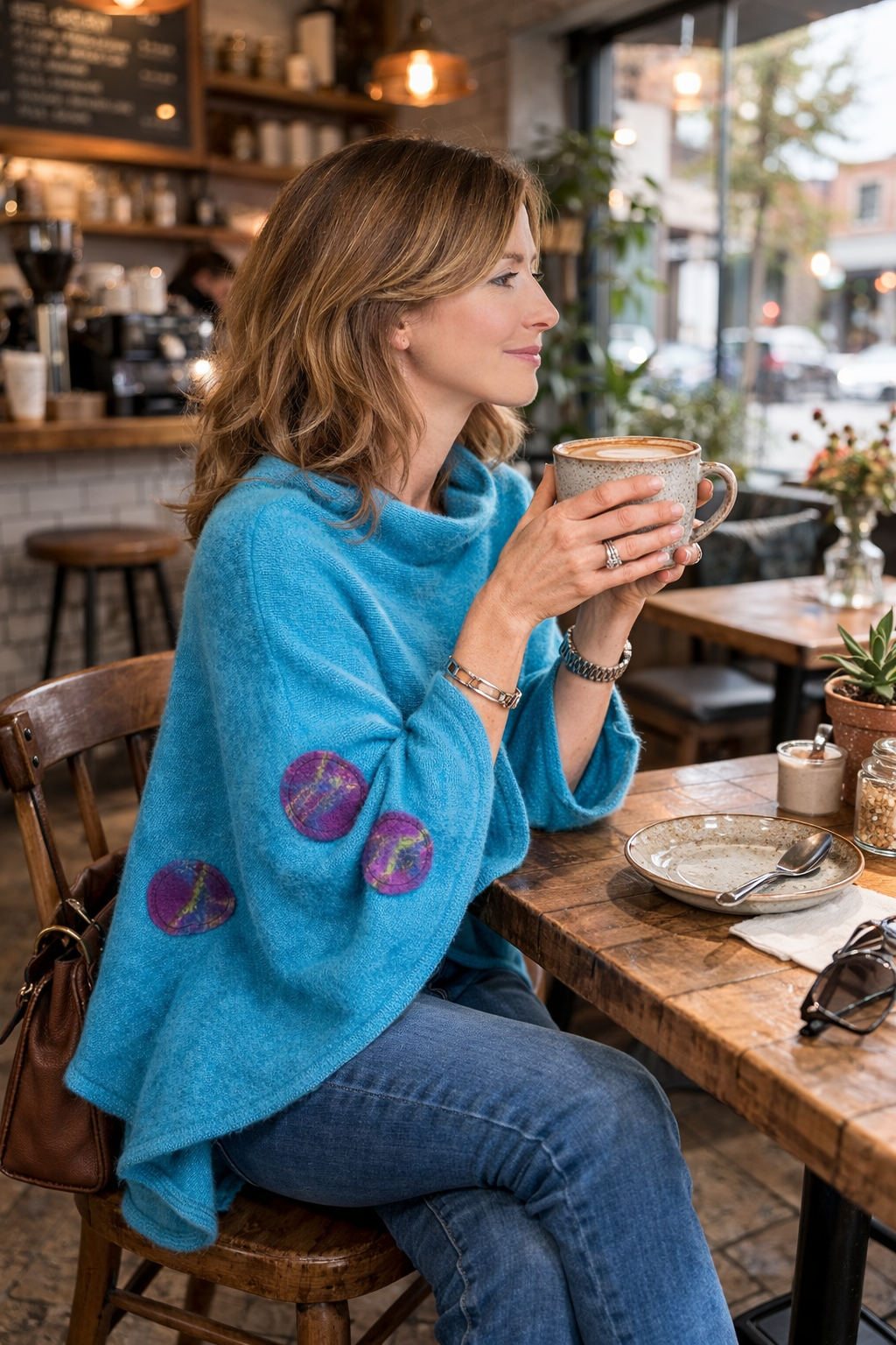 Turquoise Merino Wool Poncho-Hand Felted Detail-One of a kind