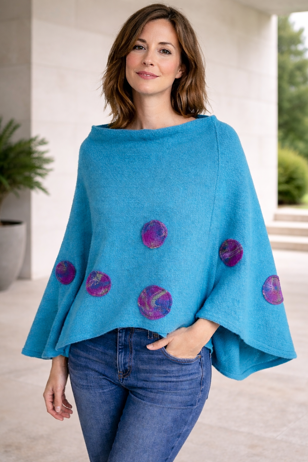 Turquoise Merino Wool Poncho-Hand Felted Detail-One of a kind