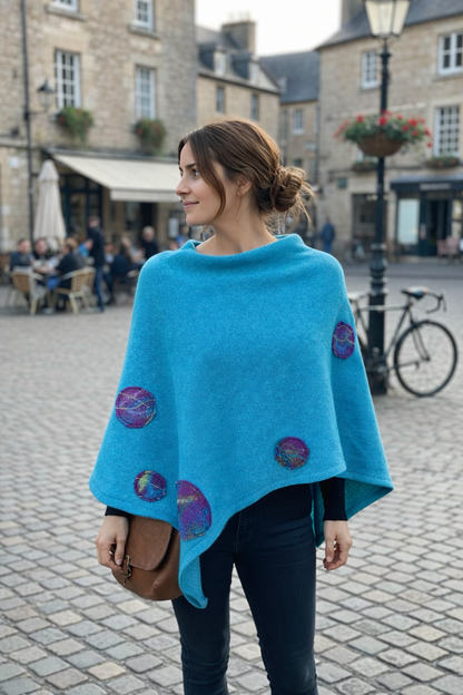 Turquoise Merino Wool Poncho-Hand Felted Detail-One of a kind