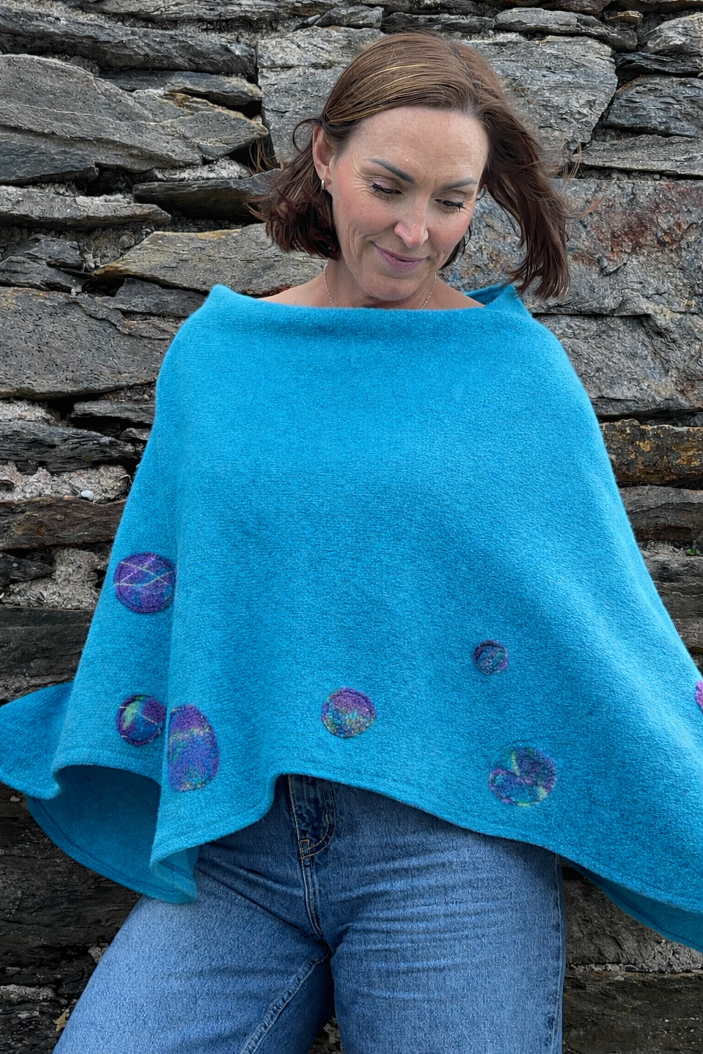 Turquoise Merino Wool Poncho-Hand Felted Detail-One of a kind