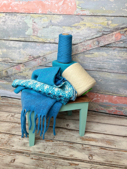 Merino Wool Wrap – Fair Isle Colourblock in Blues with Fringed Ends