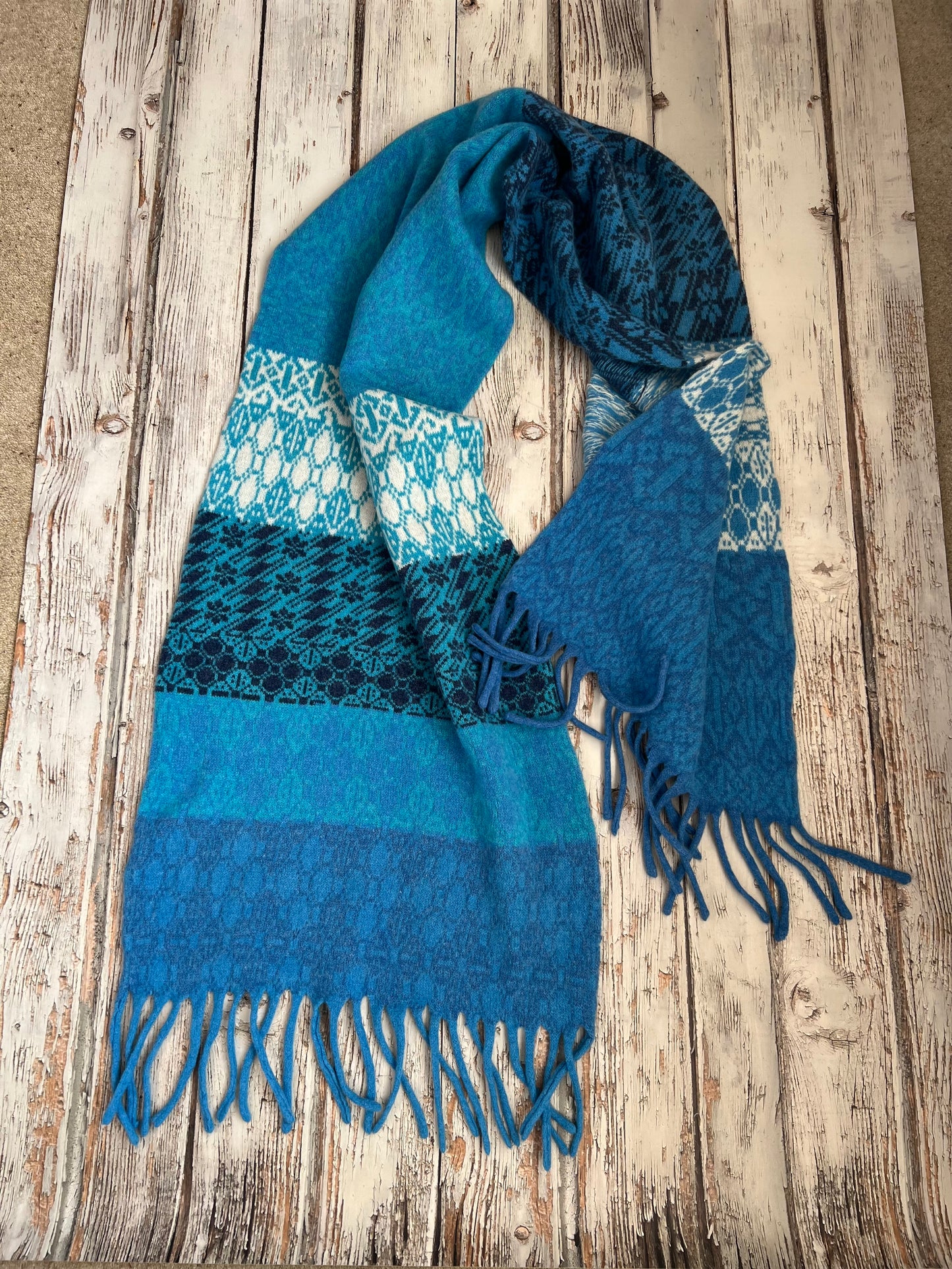 Merino Wool Wrap – Fair Isle Colourblock in Blues with Fringed Ends