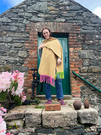Merino Wool Wrap,Fair-Isle  Bubblegum Pink & Lime Green with fringed ends