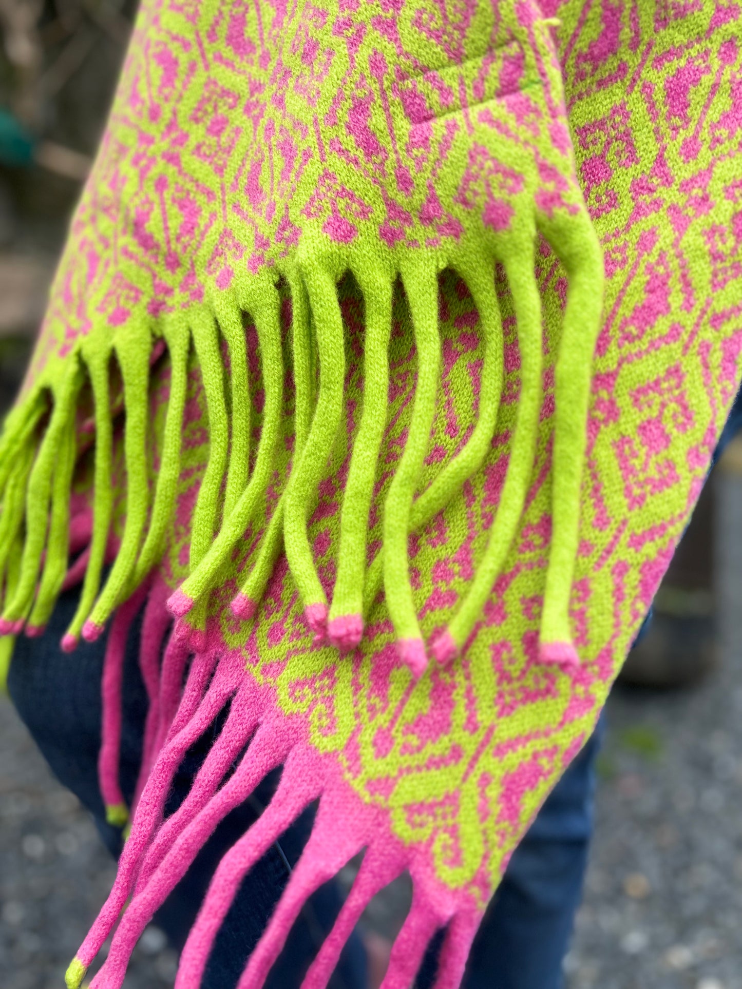Merino Wool Wrap,Fair-Isle  Bubblegum Pink & Lime Green with fringed ends