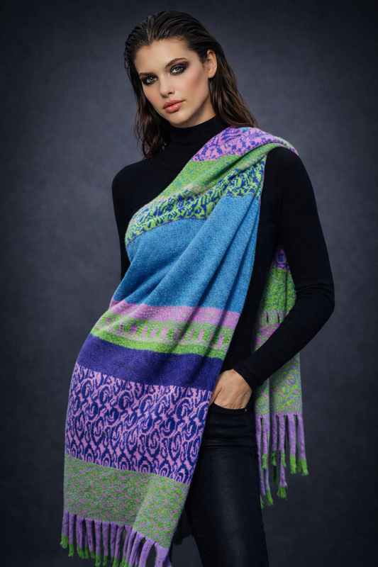 Bold Colour Merino Wrap — Acid Green / Turquoise / Violet (Handmade)