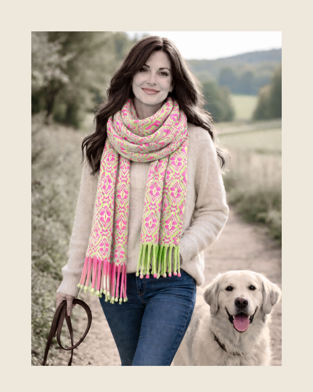 Merino Wool Wrap,Fair-Isle  Bubblegum Pink & Lime Green with fringed ends