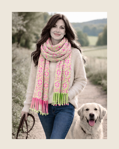 Merino Wool Wrap,Fair-Isle  Bubblegum Pink & Lime Green with fringed ends