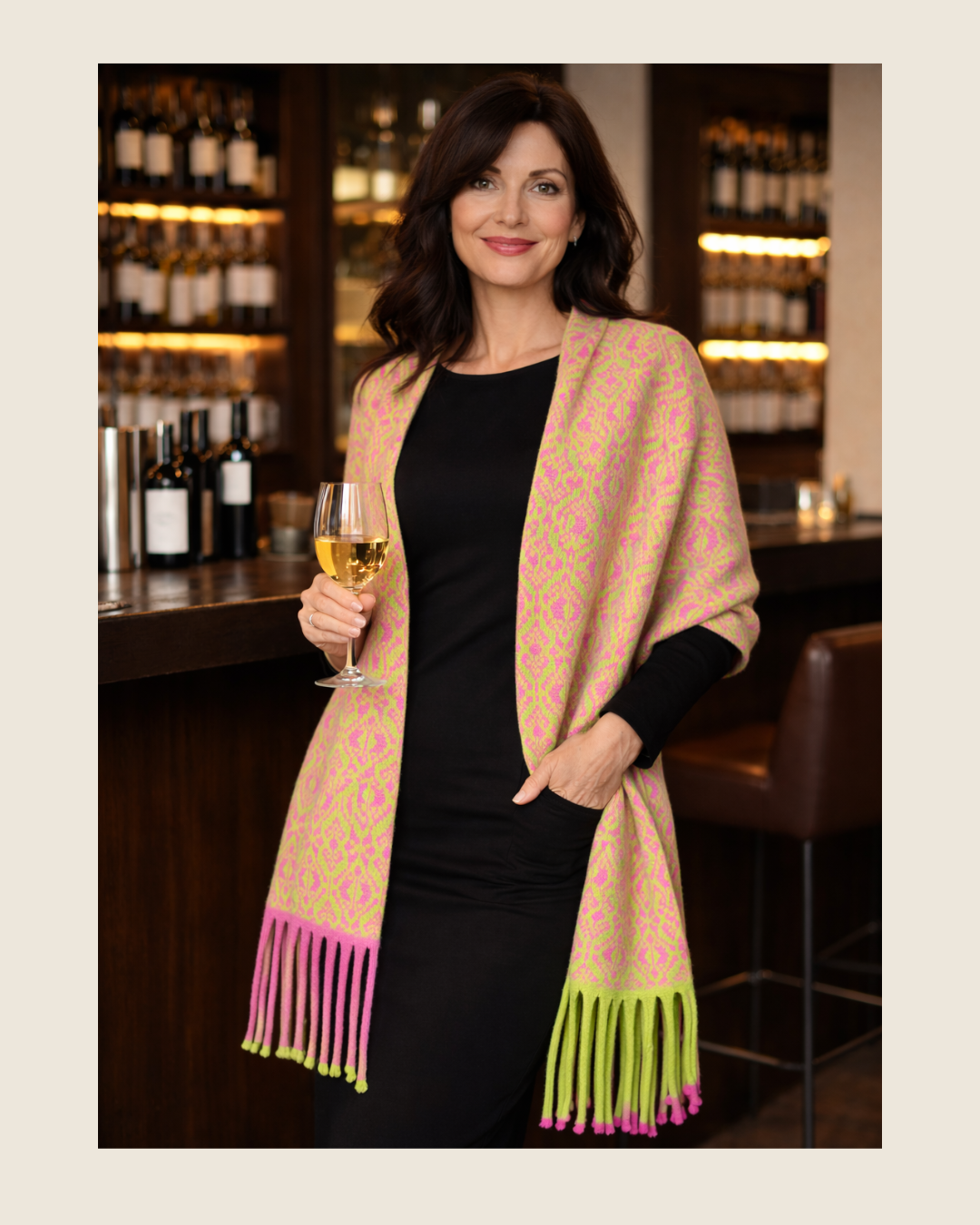 Merino Wool Wrap,Fair-Isle  Bubblegum Pink & Lime Green with fringed ends